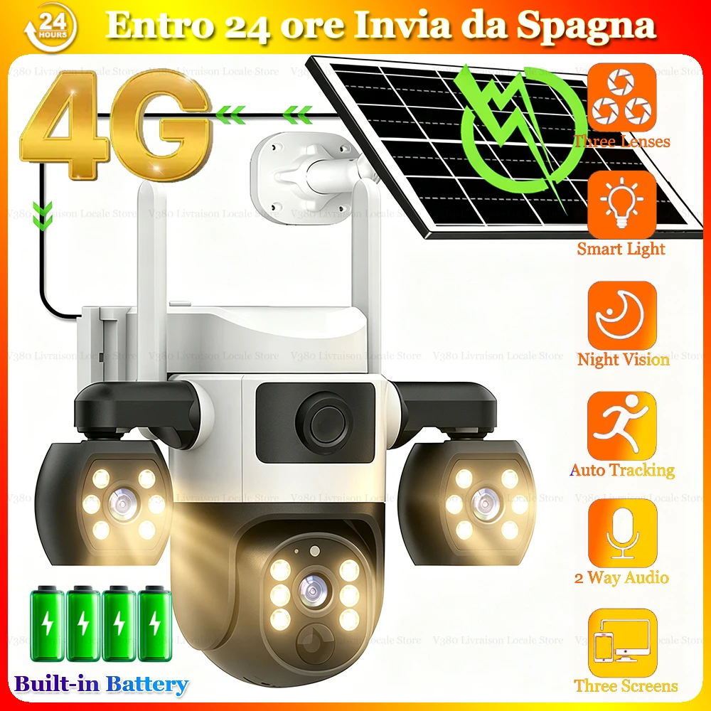 Telecamere Solari 4G con 3 Lenti, 3 Angoli di Monitoraggio, Impermeabili per Esterni, Protezione di Sicurezza Wireless, Tracciamento Automatico, Allarme Push, Visione Notturna HD, Monitor PTZ 360°,