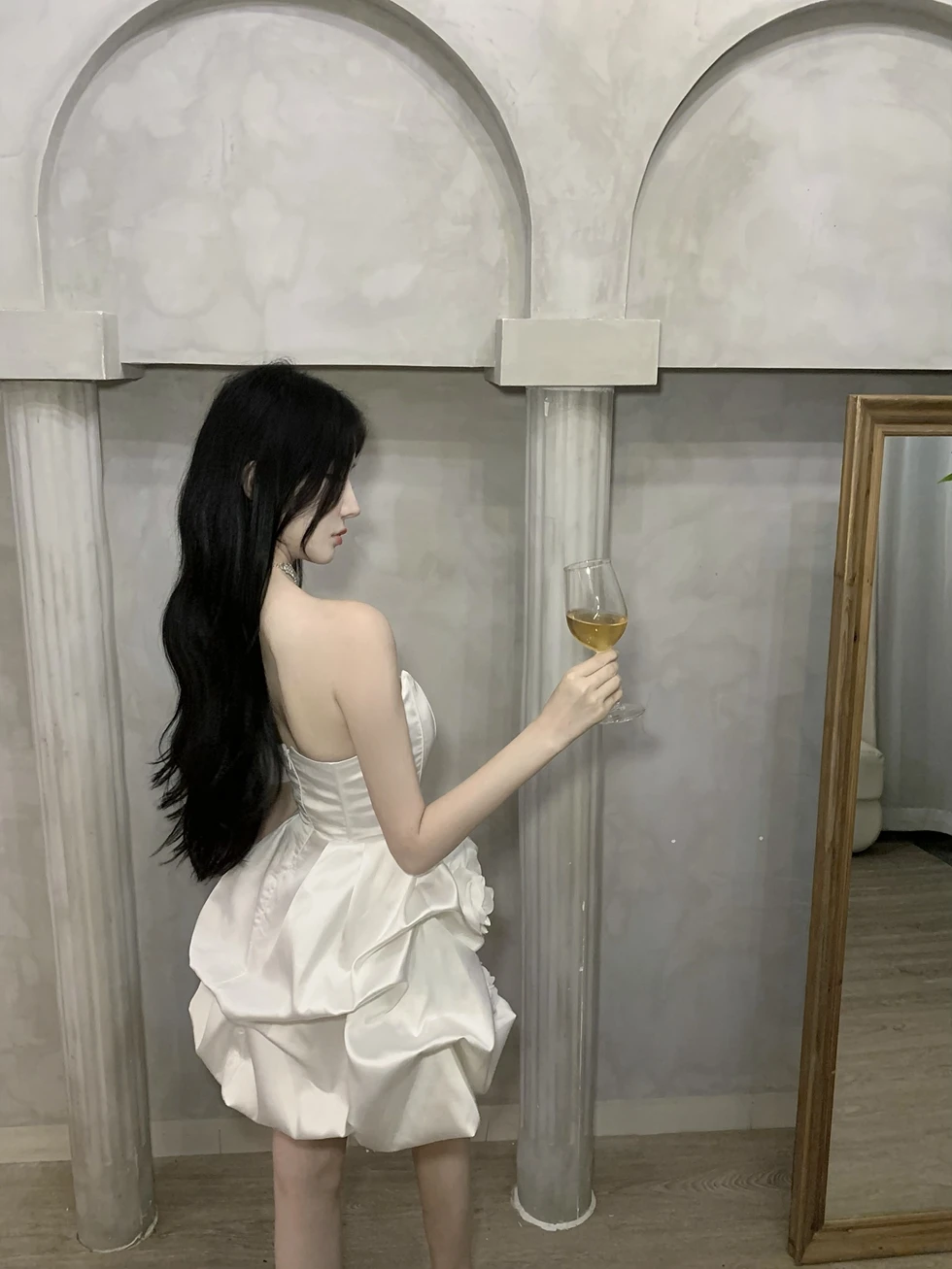 Ele – robe de soirée blanche à bretelles pour femmes, avec motif floral 3D, amincissante, Bustier Sexy, français, printemps, été, automne