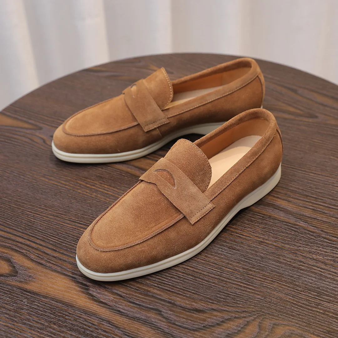 

Мужские лоферы без шнуровки из натуральной кожи ручной работы, мягкие дышащие повседневные брюки с круглым носком на плоской подошве, модные всесезонные