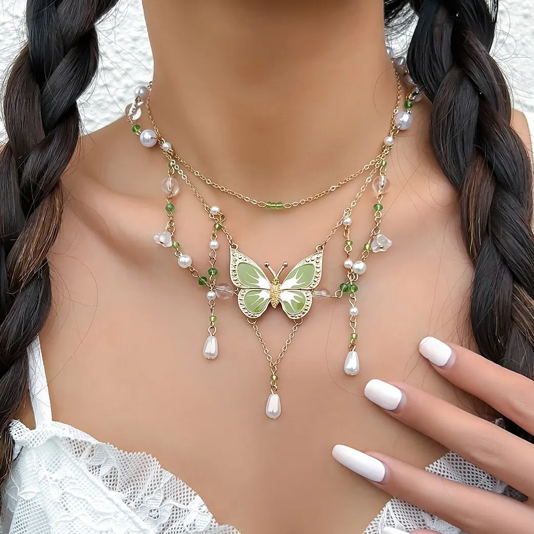 2Pcs Kpop Multilayer Lovely Butterfly Pendant Tassel Necklace Clip Earrings for Women Wed Bridal Exquisite Chain Y2K Jewelry Set