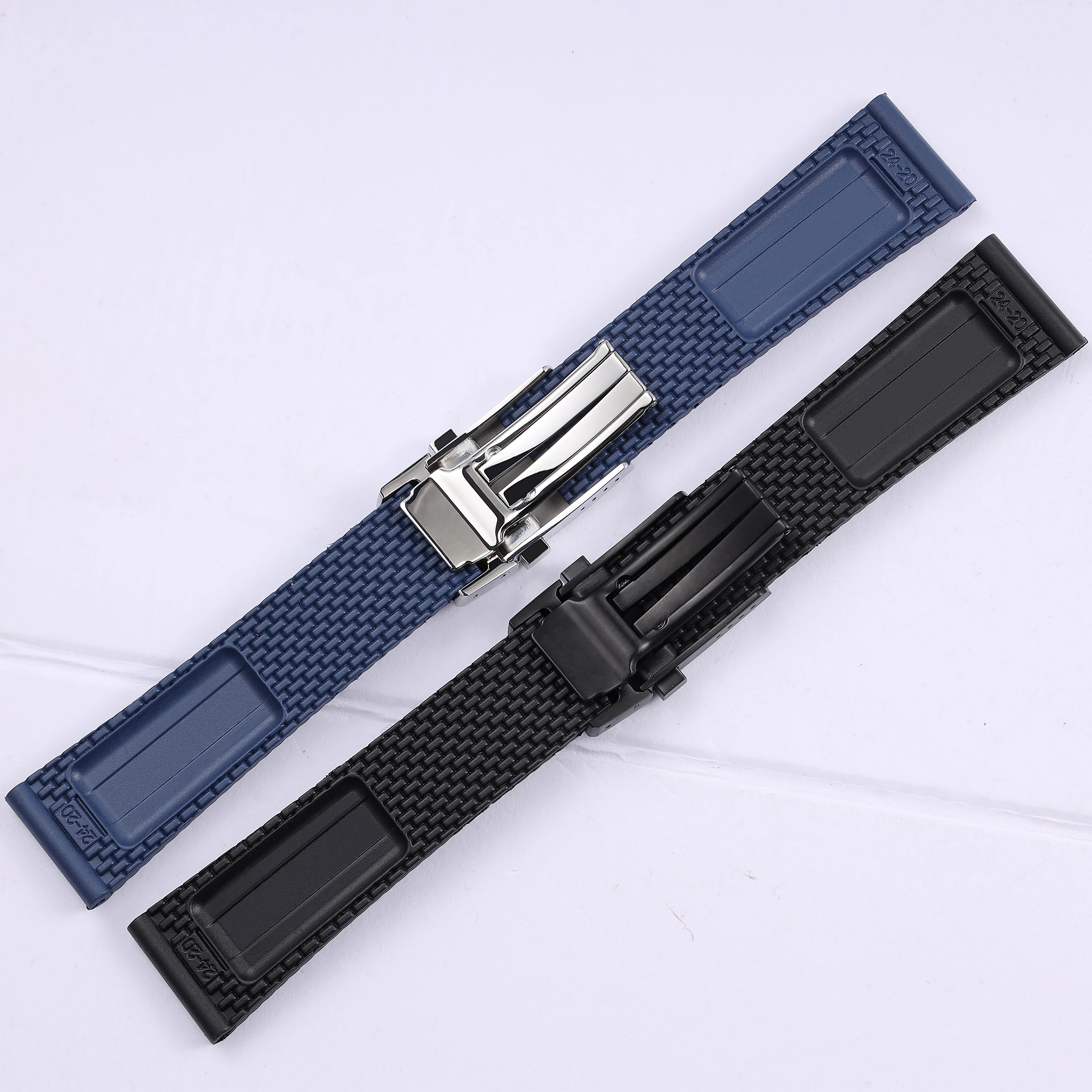 Quality 22mm 24mm Black Blue Soft Woven Rubber Watchband For Breitling Strap Waterproof Superocean Wristband Deployment Clasp