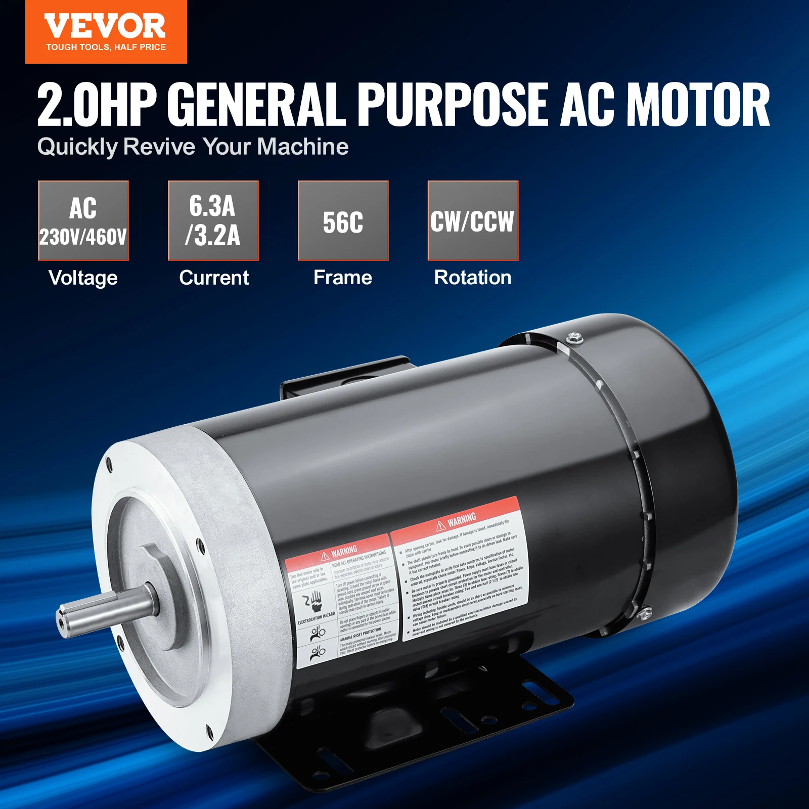 VEVOR 2HP Electric Motor 3450rpm AC 230V/460V Air Compressor Motor 3Phase 5/8