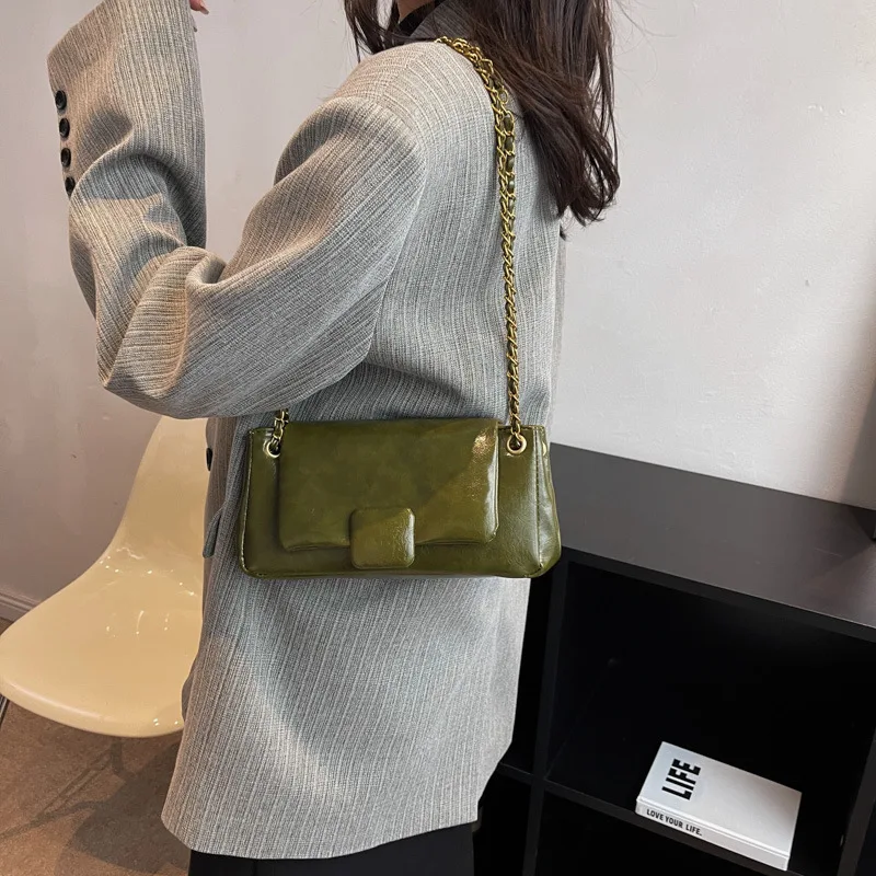 Fashion Chain One Shoulder Crossbody Bag  Women 2024 New Simple Korean Retro PU Small Square Bag Lady Flip Cover Commuter Bag