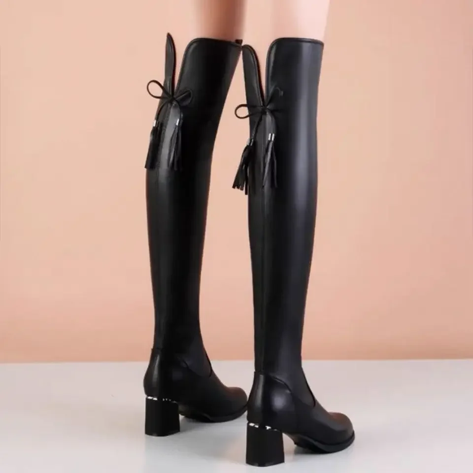 Botas elásticas de cuero para mujer, botines largos de felpa con tacón grueso por encima de la rodilla, sin cordones, para otoño e invierno, novedad de 2024