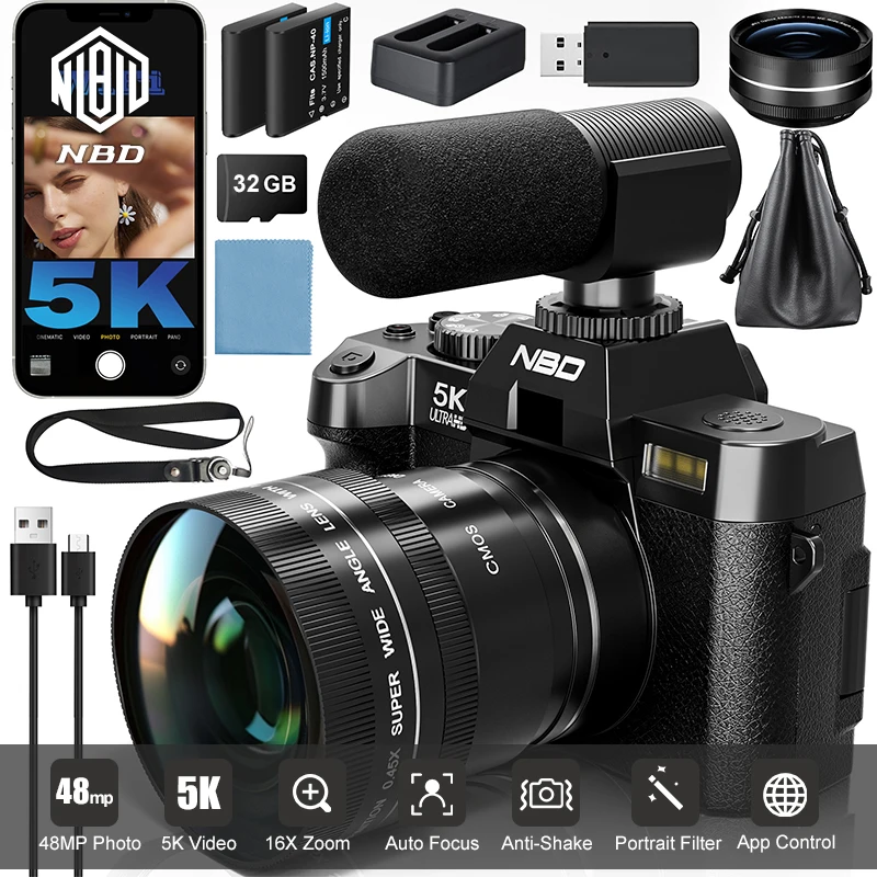 Image of NBD 5K&48MP Digitalkameras Fotografie 16X Digitalzoom Kamera Reise-Vlogging-Kameras 52mm Makroobjektiv 180 ° Flip-Screen-Mikrofon mit langer Akkulaufzeit als Geschenk