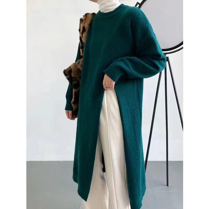 Side Split Long Knit Dress Women 2024 Autumn Winter Loose Women\'s Pullovers Solid Color O Neck Knee-length Sweaters Knitwear