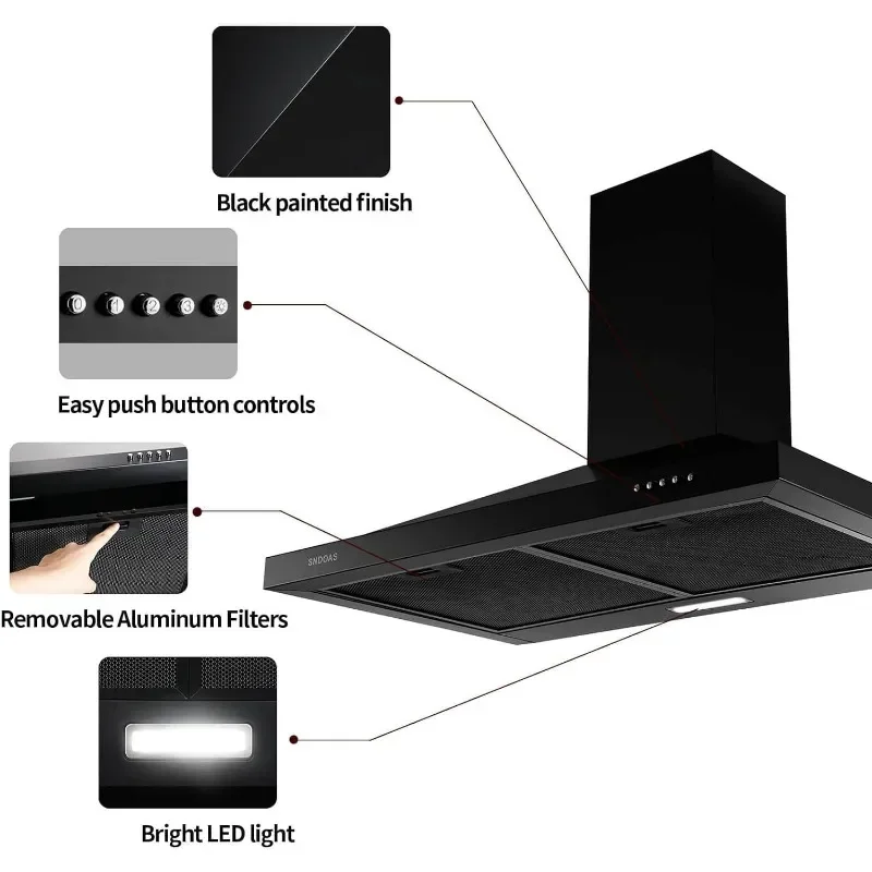 Black Range Hood 30 inch,Wall Mount Range Hood 30 inch with Ducted/Ductless Convertible,Vent Hoods in Black