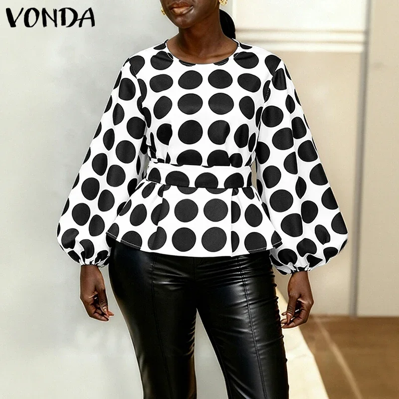 

Блузка женская VONDA больших размеров 5XL, в стиле бохо, в горошек, элегантная, для офиса, с поясом, модная, с длинными рукавами-фонариками, свободного кроя