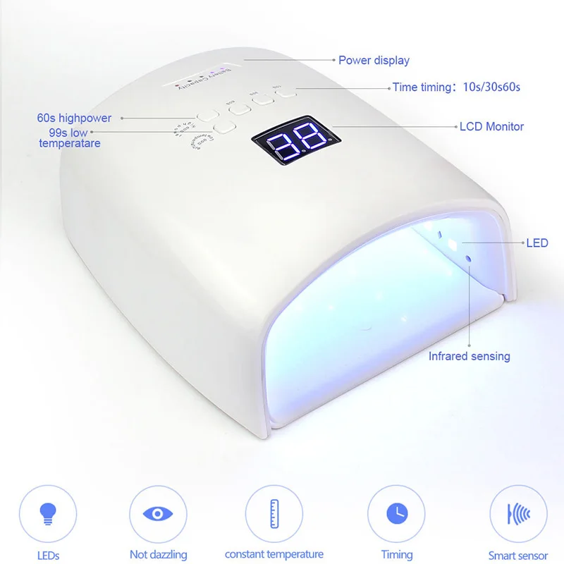 Portable Rechargeable UV LED Nail Dryer 48W Gel Polish Curing Lamp with Bottom Timer LCD Display Quick Dry Lamp for Nails Manicu