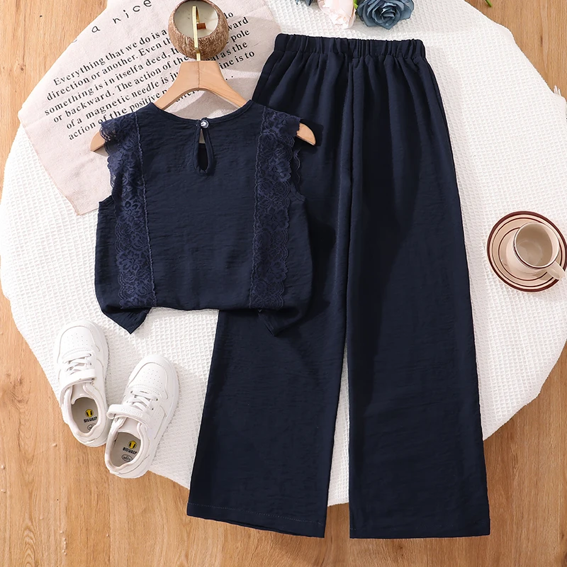 Girls 8-12 Fashion 2-Piece Set, Lace Panel Sleeveless Top & Drawstring Waist Pants, Soft Breathable for School Daily Wear