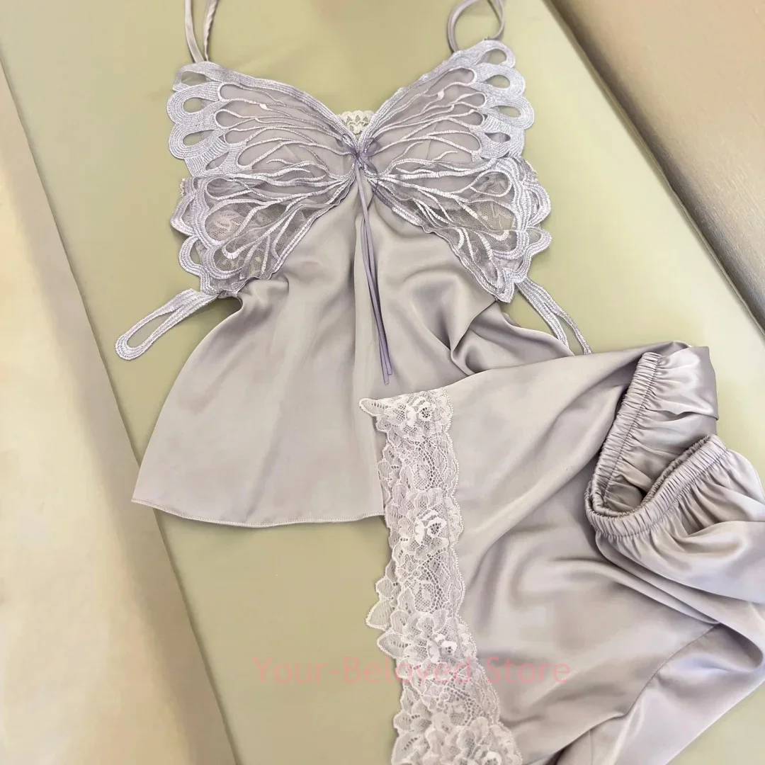 

Sexy Purple Lingerie Satin Strap Top&shorts Women Robe Pyjamas Set Lace Flower Homewear Nightwear Women Spring Summer Loungewear