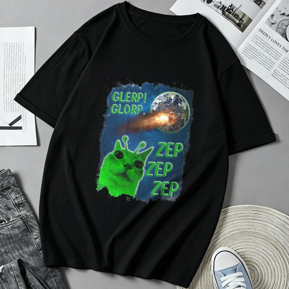 Men Women Short Sleeve  Alien Green Cat Space Meteor Earth Funny Meme Graphic Print Cotton T‑Shirt Casual Loose Streetwear Tops