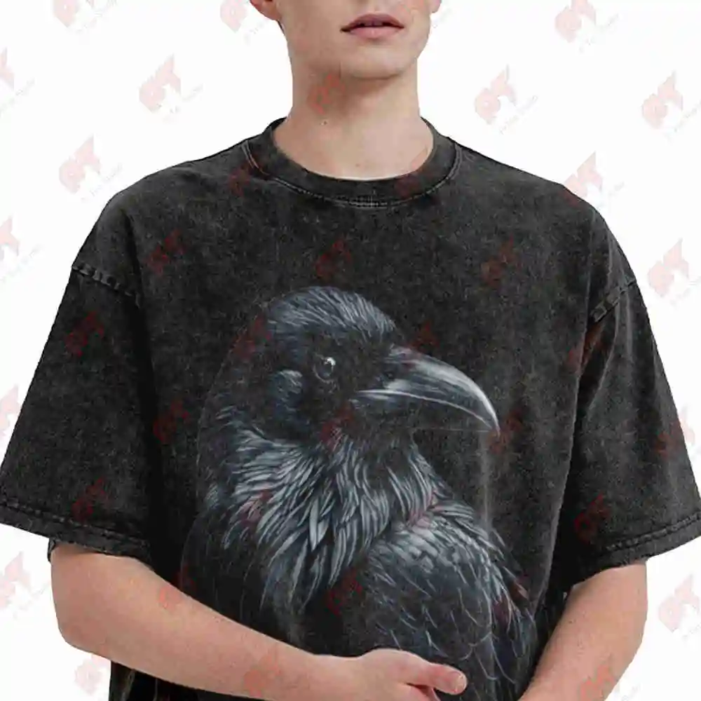 Raven Detailed Feathers Sharp Beak Vintage Washed Tee Pure Cotton T-Shirt