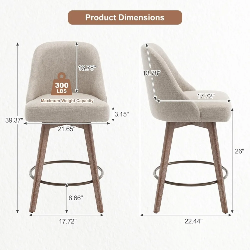 Juego de 2 taburetes de bar giratorios con altura de mostrador, taburetes de bar tapizados de tela con respaldo y asiento grueso, patas de madera maciza, Ba moderna de 26"