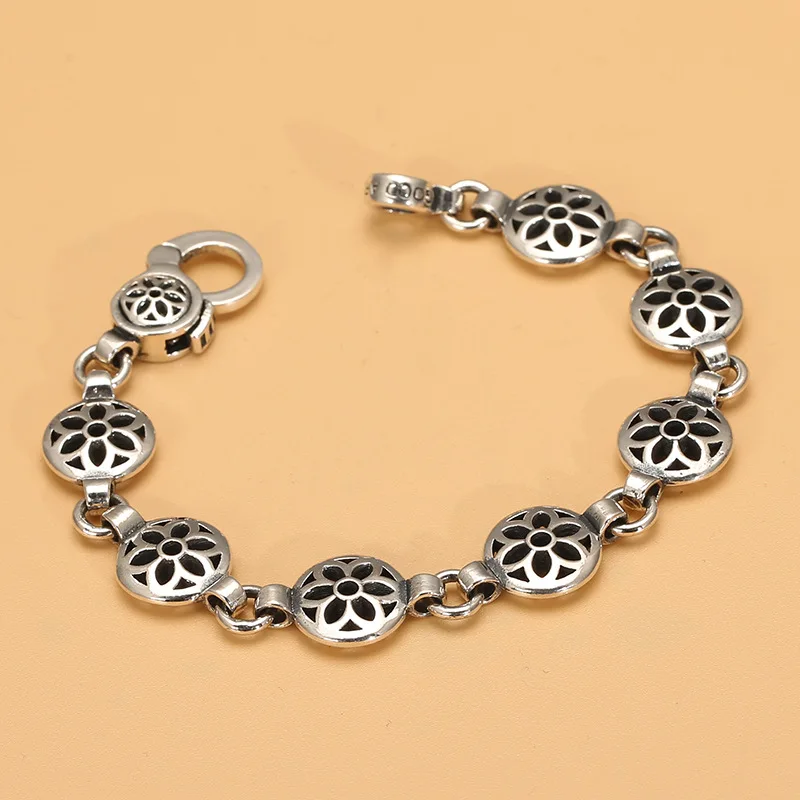 S925 Thai silver vintage punk style simple solid flat ball hollow-out petals Bracelet Men's fashion ornament