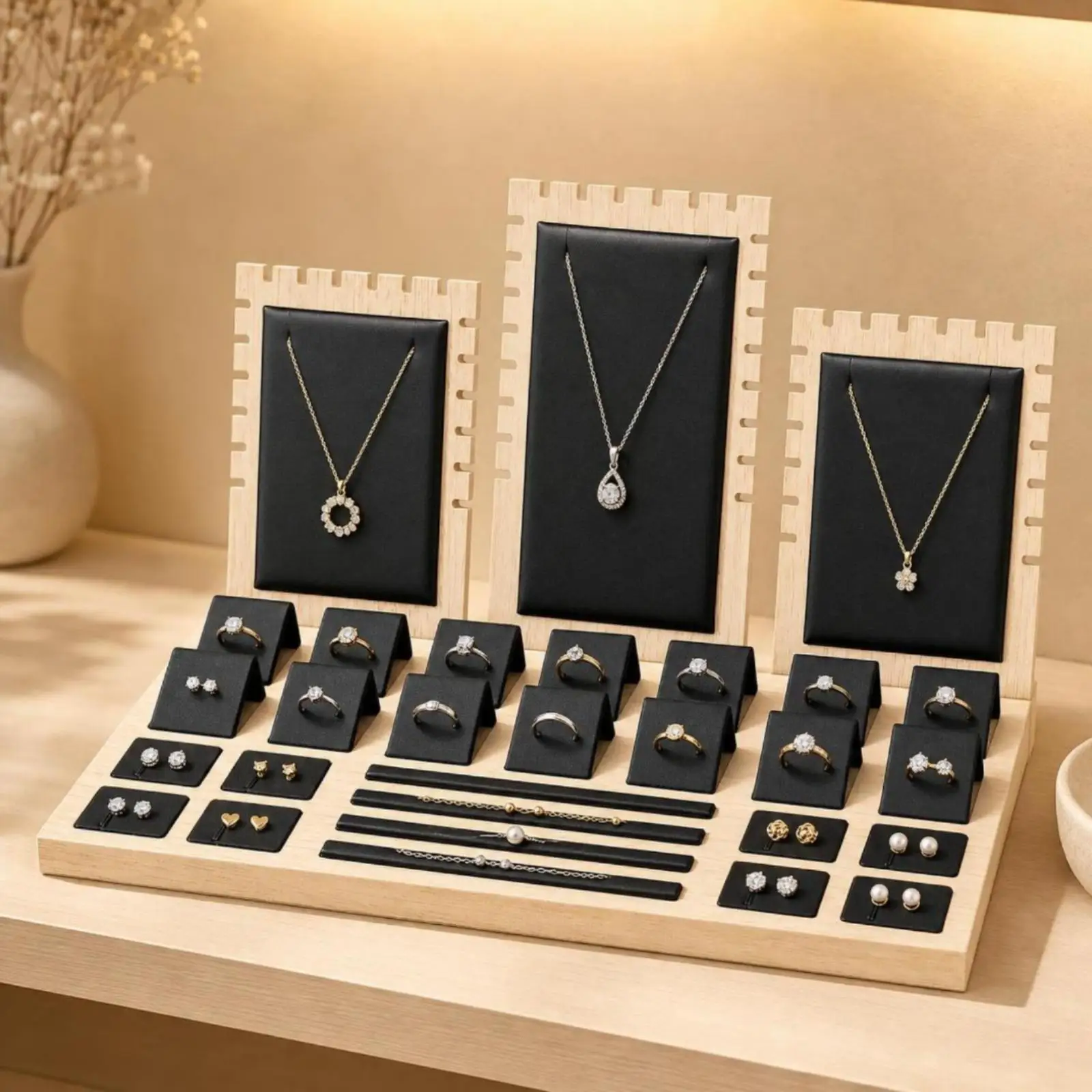 Jewelry Display Stand Wood Suede Display Rack Organizer for Boutique Countertop Jewelry Arrangement