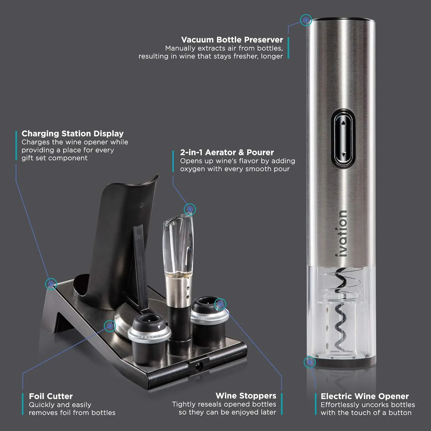 مجموعة فتاحة النبيذ الكهربائية 6 في 1 مع حافظة مكنسة كهربائية ومهوية وقاعدة شحن للأحمر والأبيض والوردي