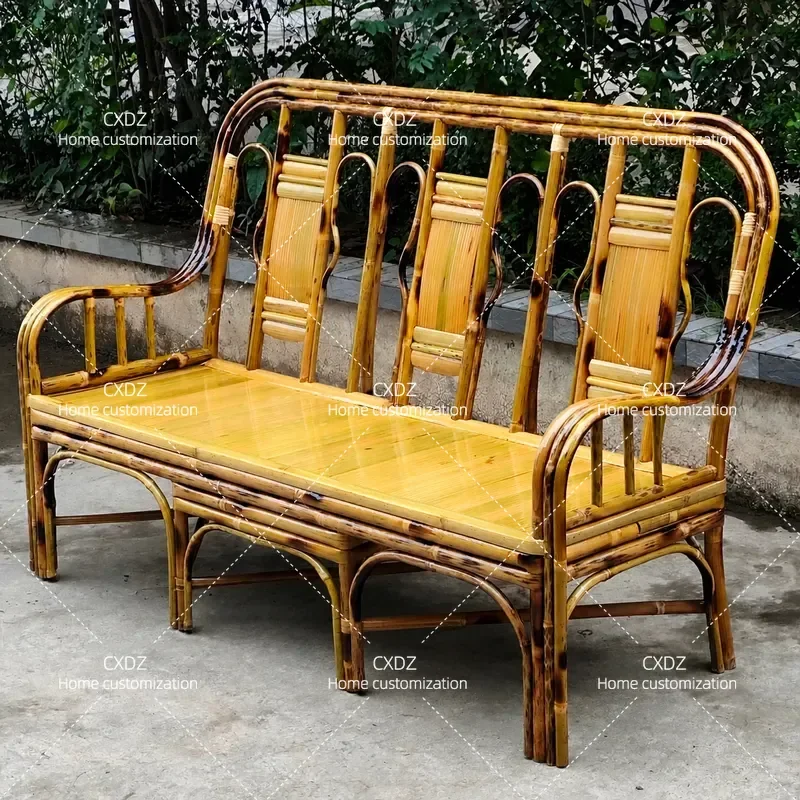 Handmade Bamboo Sofa Chair Retro Living Room Long Bench Three Seater with Backrest Vintage Natural Bamboo Furniture for Home
