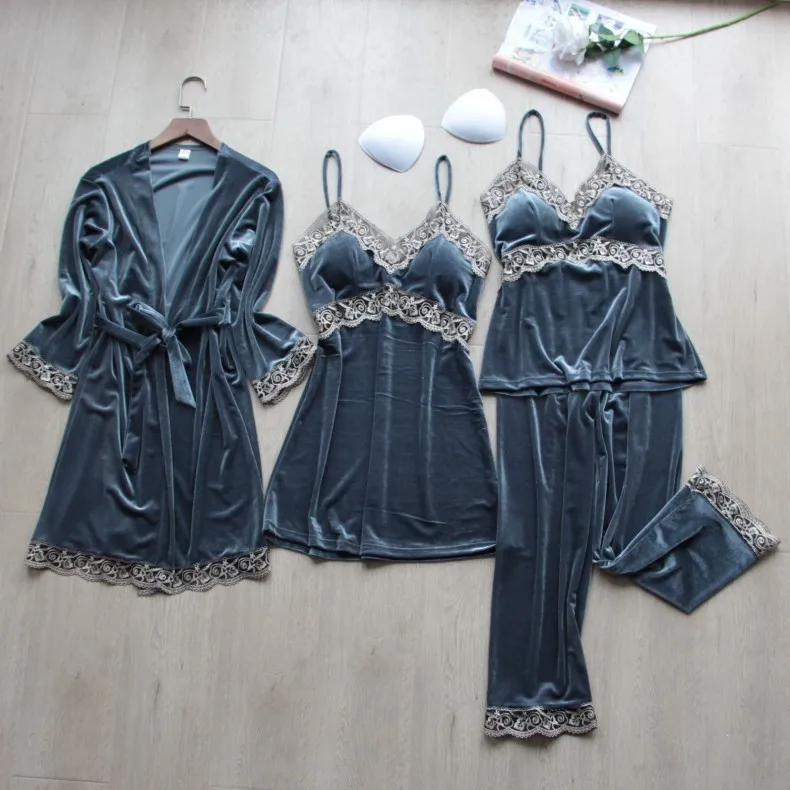 

Velvet Four Piece Pajamas Set Autumn Winter Women Sleepwear Trouser Suits Sexy Lace Trim Bathrobe Nightgown Loose Home Wear