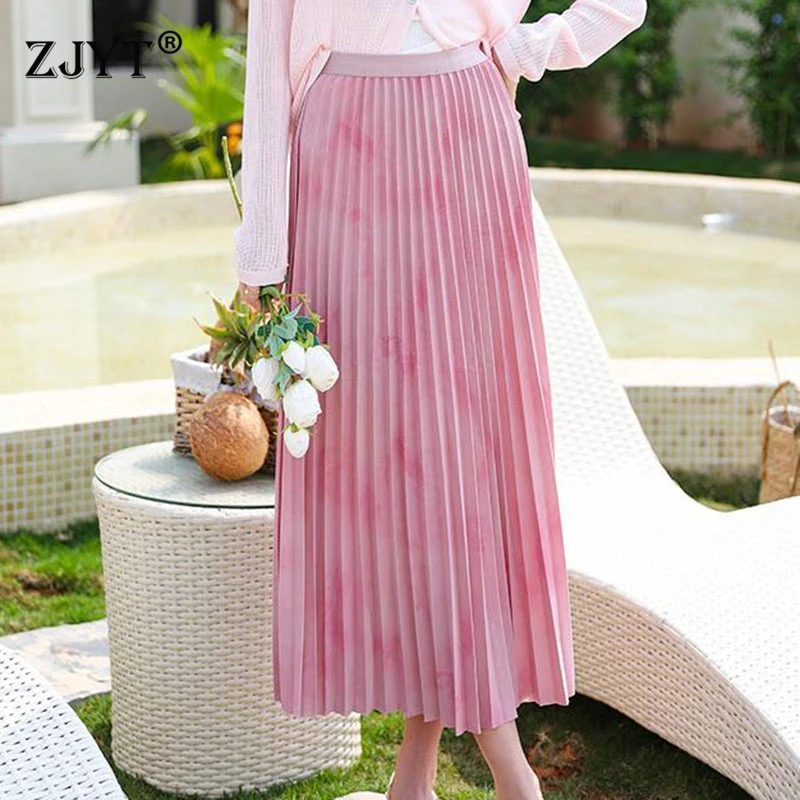 ZJYT Summer Fashion Print Midi Pleated Skirt for Women Elastic Waist Sweet Pink Skirts Casual Faldas Female