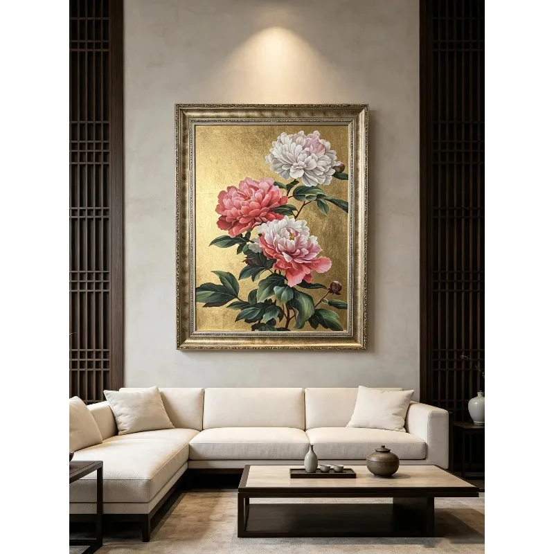 Mid-Vintage Peony Hand Painted Canvas Art, Oriental Luxury Wall Decor for Living Room Entryway