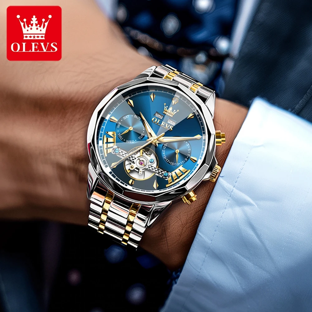 OLEVS 6619 Reloj para hombre, Reloj Tourbillon Original de lujo, Reloj multifuncional hueco de marca, Reloj mecánico automático para hombre