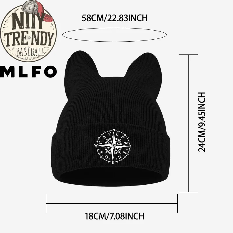 Retro Adult Cat Ear Knit Beanie, Nautical Compass Pattern Print, for Backpacking Trip Holiday Vacation Outdoor Tour