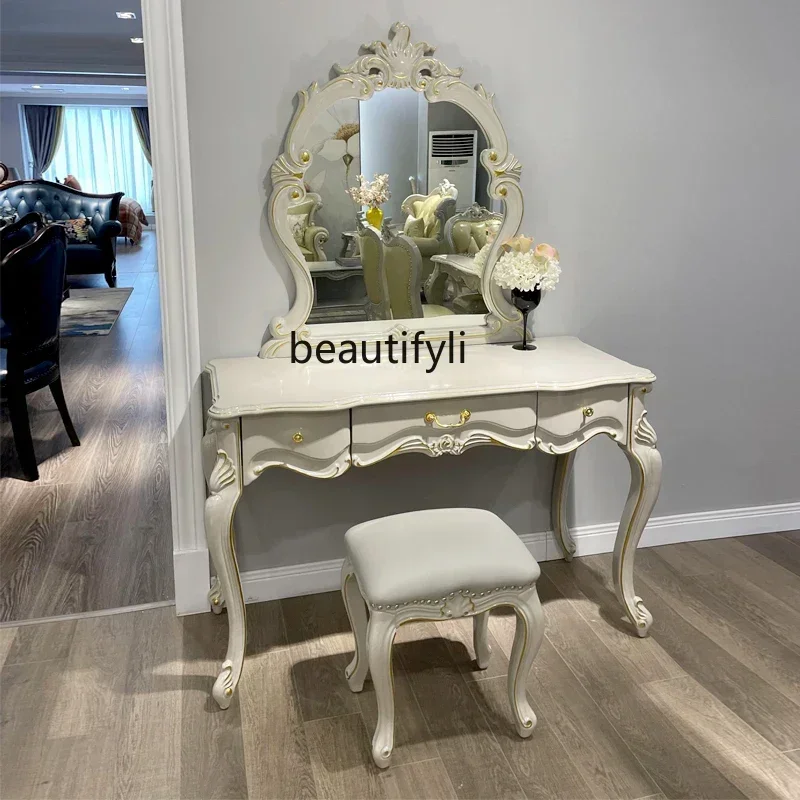 

LJYdressing table Bedroom makeup table with mirror and makeup stool French solid wood carving flower American walnut