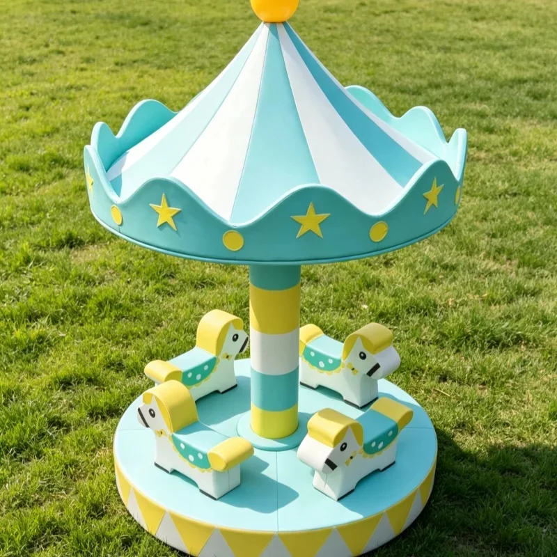 Bright Spring Green Yellow Indoor Outdoor Playground Equipment Kid's Spin Carousel Soft Play Merry Go Round for Play Cafe Hire