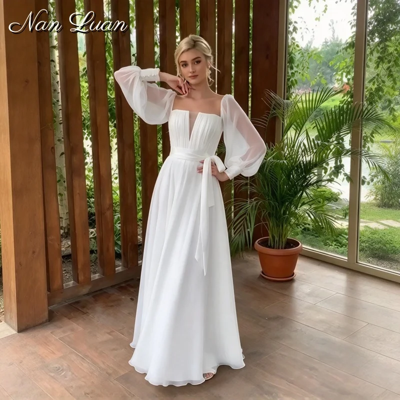 Elegant Chiffon A-line Wedding Dress Off Shoulder Long Puff Sleeve Pearls Bridal Gown Vestidos De Novia Customized