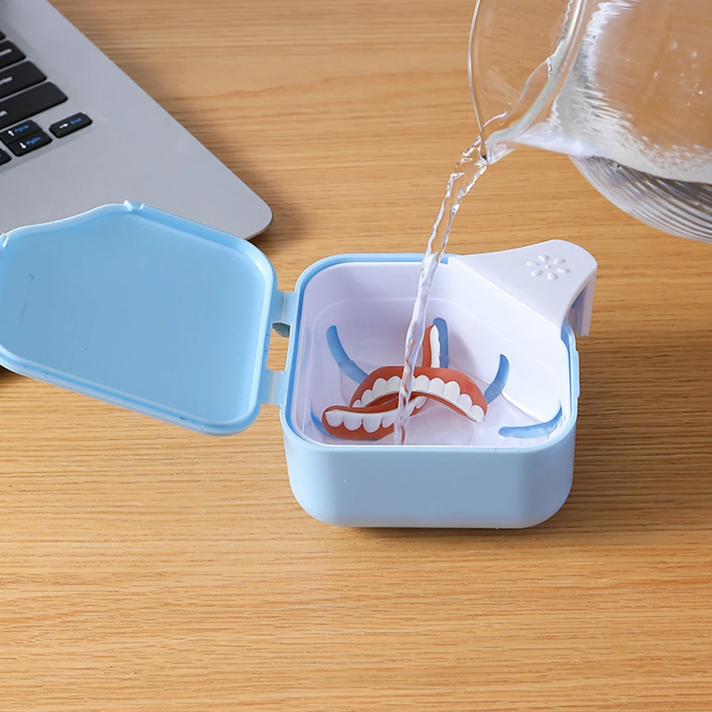 Denture Bath Box Cleaning False Teeth Storage Box with Hanging Net Container Artificial Tooth Case Orthodontic Retainer Case