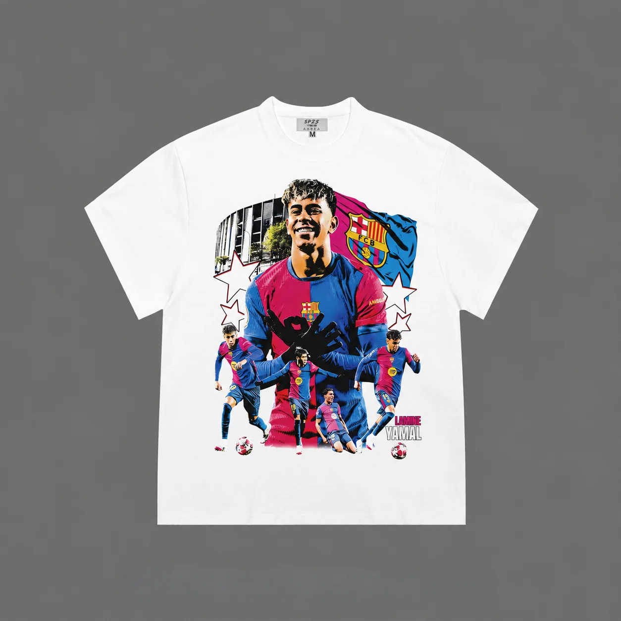Lamine Yamal FC Barcelona Vintage Men's T-shirts Collage Graphic Cotton T-Shirt Chest Print White Unisex Crew Neck Short Sleeve