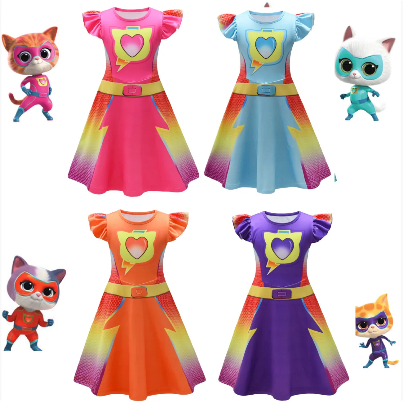 Kinder SuperKitties Kleider Super Kitties Cosplay Kostüm Mädchen Fliegende Ärmel A-Linie Kleid Tasche Maske Karneval Geburtstagsgeschenk