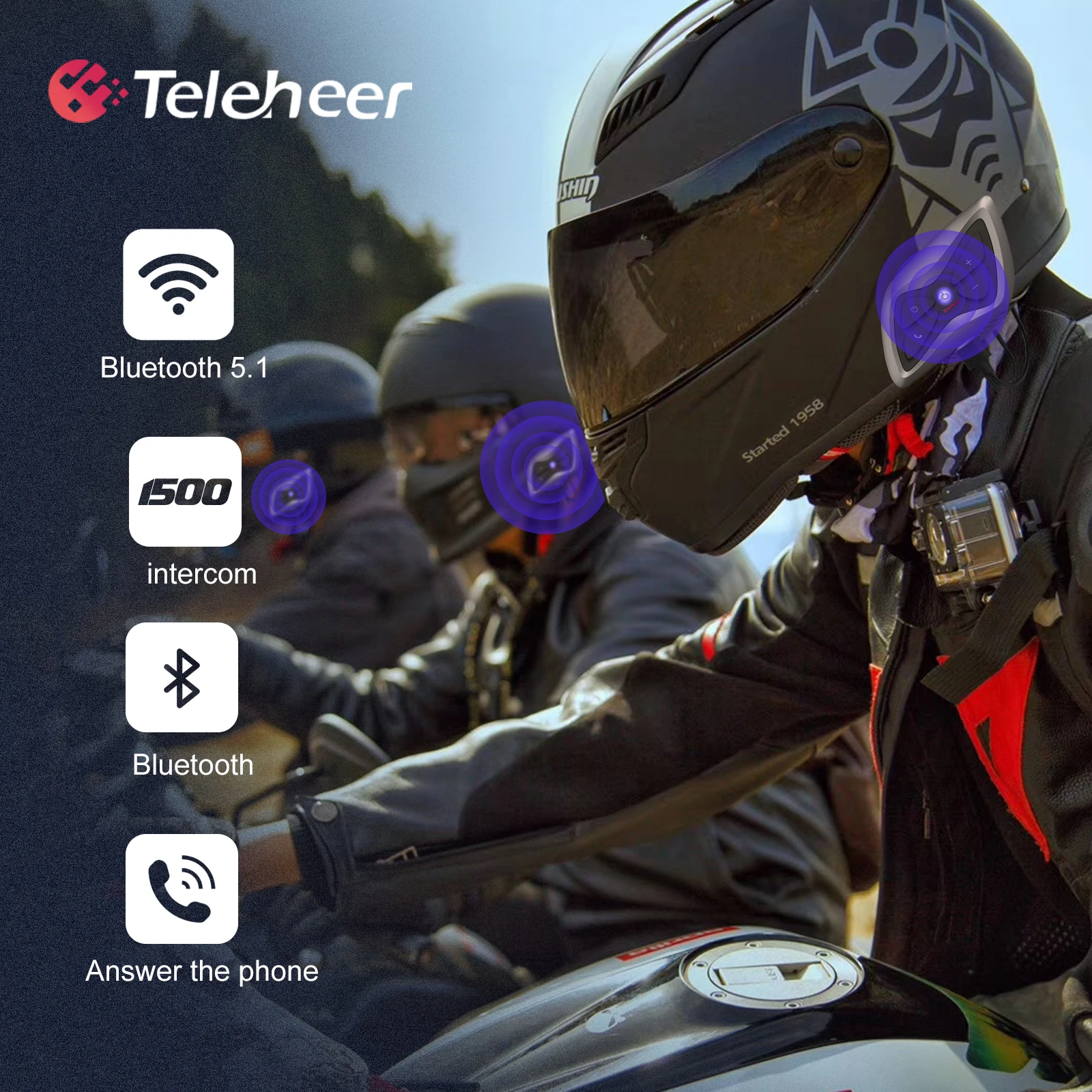 Teleheer T6 Plus Motorcycle Helmet Bluetooth Headset Intercom 2 Riders 1500M Interphone Communicator Waterproof Intercomunicador