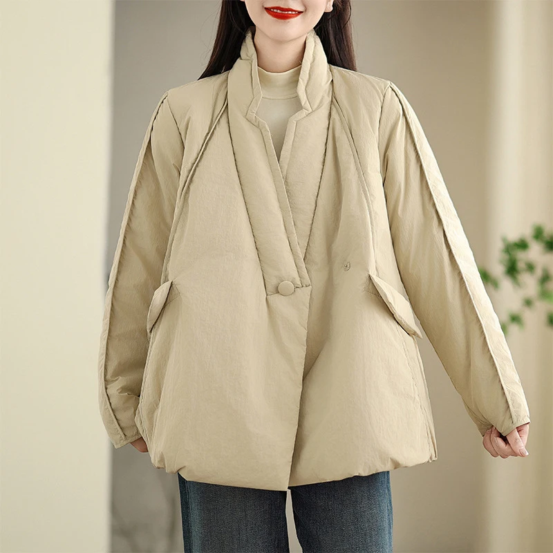Vintage V-neck Women White Duck Down Jacket Chinese Style Loose Autumn Winter Collar Thick Outwear 2025 New
