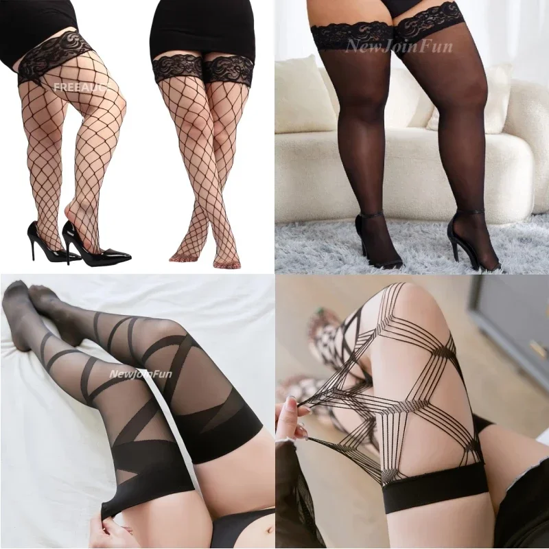 

Non-Slip Stocking Wide Lace Top Thigh High Stockings Silicone Stay Up Mesh Fishnet Over Knee Stocking for Women