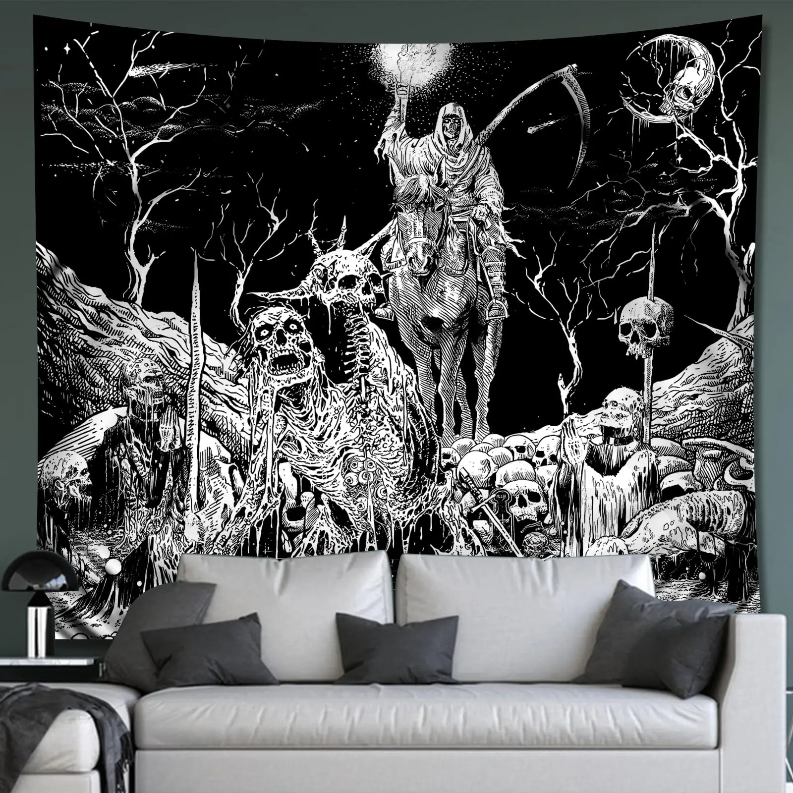 Schwarz-weißer Gothic-Totenkopf-Wandteppich |   Flacher, bedruckter dunkler Ghost Rider Night Sky Moon Wandbehang für Schlafzimmer und Wohnzimmer Horror