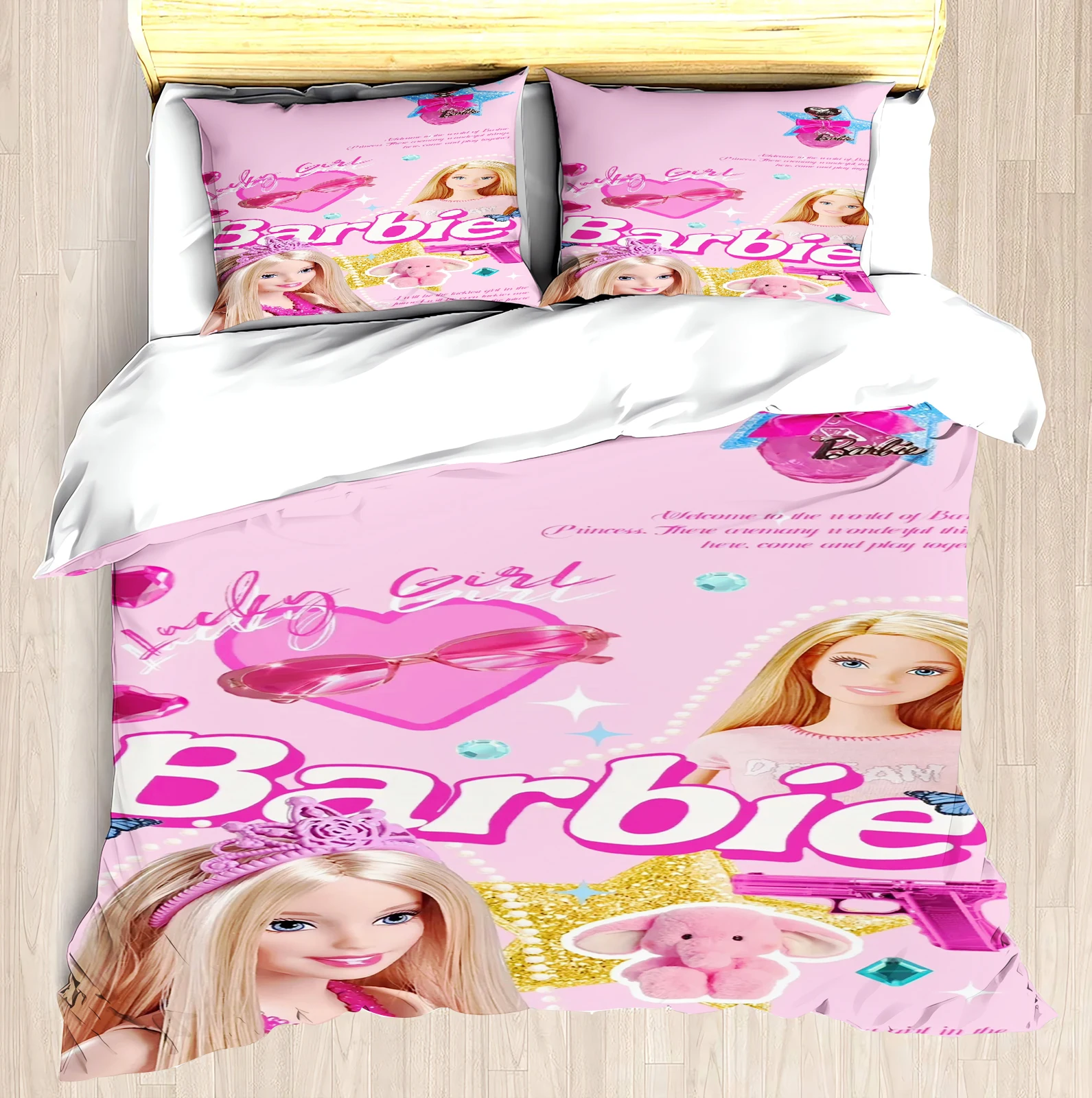 

MINISO-PrintedBarbie Set for Girls, Disney Co-branded Barbie Pink, Modern Duvet Cover, 2 Piece Bedding Set