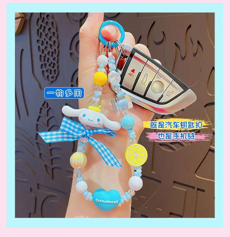 Sanrio Cartoon Kuromi Hello Kitty Cinnamoroll Melody Pendant Keychain Keyring Action Figures Phone Chain Strap Bead Chain Gifts