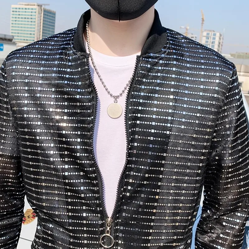 Silver Sequin Windbreaker Jacket Men Luxury Fashion Autumn Gothic Singer Stage Costume Lightweight Streetwear Hip Hop Coat Men