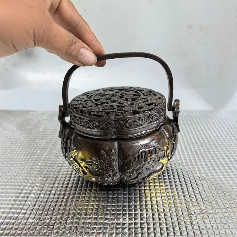 Bronze Collection,Hexagonal deer and crane hand warmer with a rich patina,Complete and well-formed craft ornaments and collectib