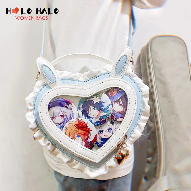 

Kawaii Bunny Ears Heart Shape Lolita Shoulder Bag and Purse Cute Girls Ita Badge Crossbody Bags Clear Designer Handbag Gifts