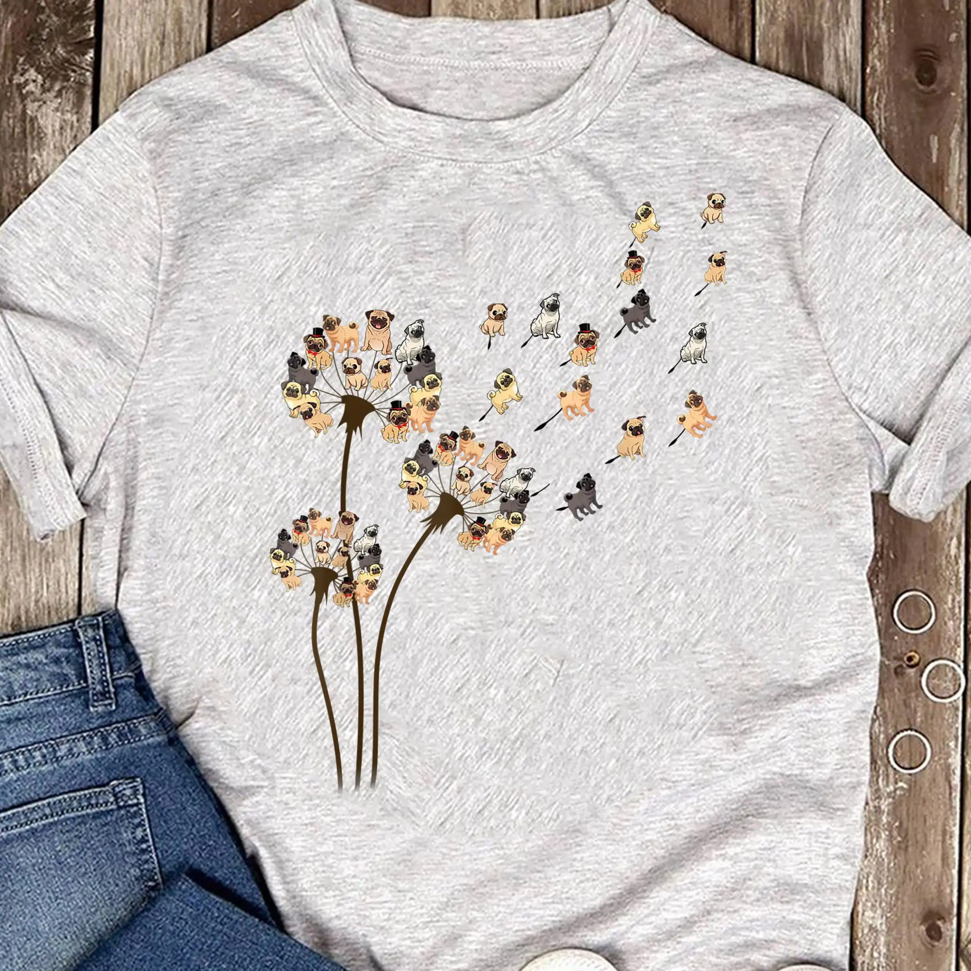 Flower Pug Dogs Dandelion Funny Animal Lovers T Shirt for Dog Mom Mother's Day