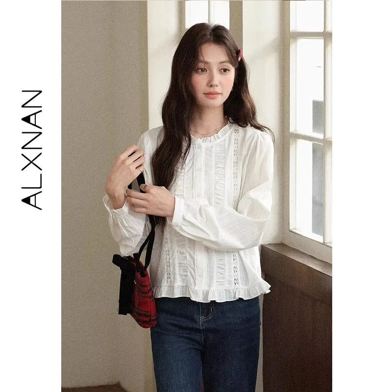 ALXNAN White Shirt Women 2025 Fall Wood Ear Long Sleeve Cotton 100% Blouses Casual Elegant Office Lady Tops Female L57238