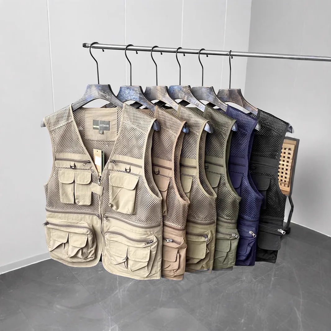 2026 New Men Cargo Vest Multi Functional Tactical Pockets Mesh Breathable Outdoor Waistcoat Quick Dry Hiking Fishing Daily Wear