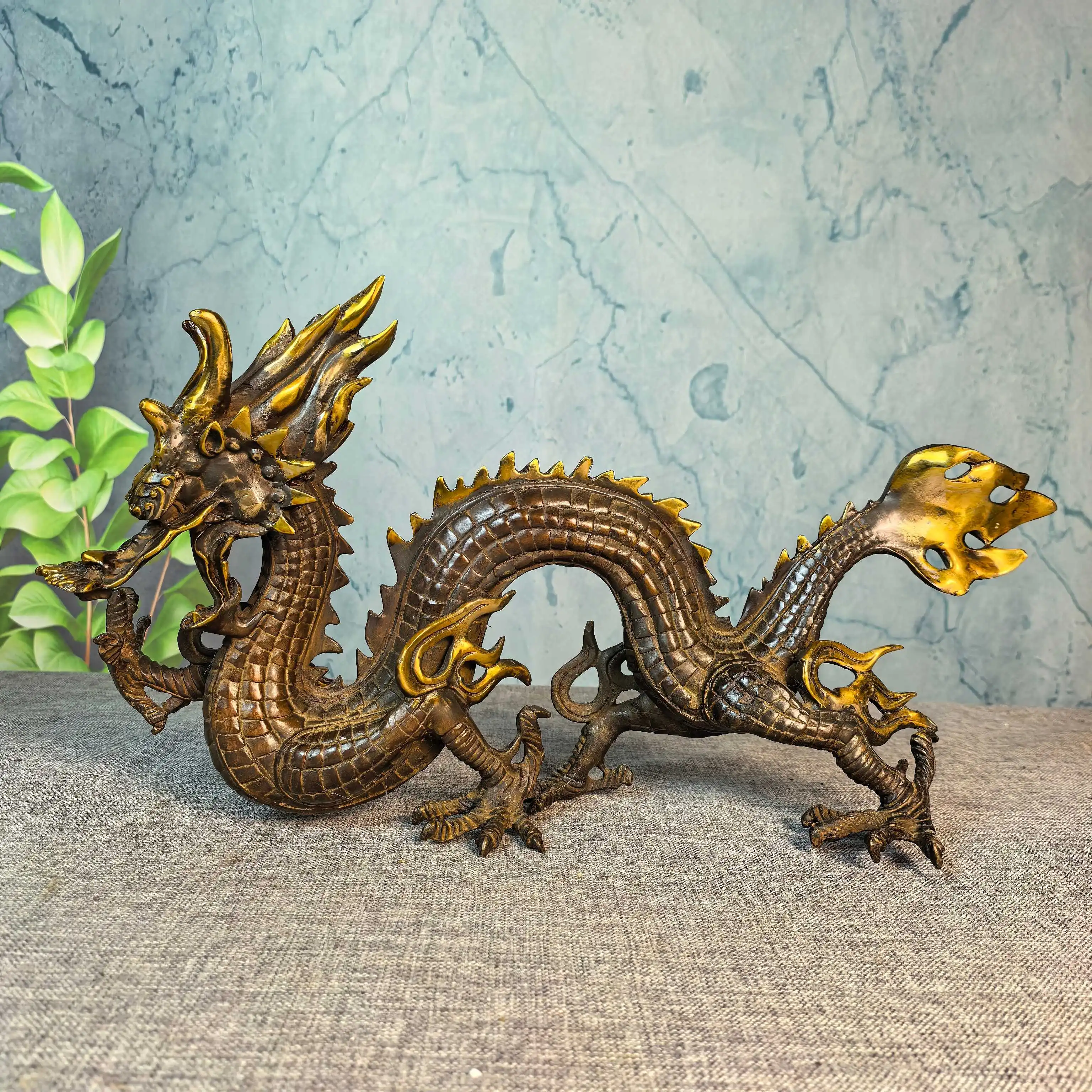 

19"Folk Old Brass Gilded Chinese Loong Dragon statue mythical beast Amass wealth Ornaments Town house Exorcism