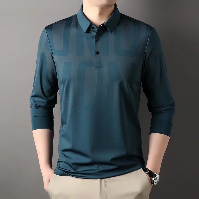 new Seamless Spring Autumn Men's Polo Shirts High Elasticity Long Sleeve Letter Printed Business Casual Male Tees 4XL