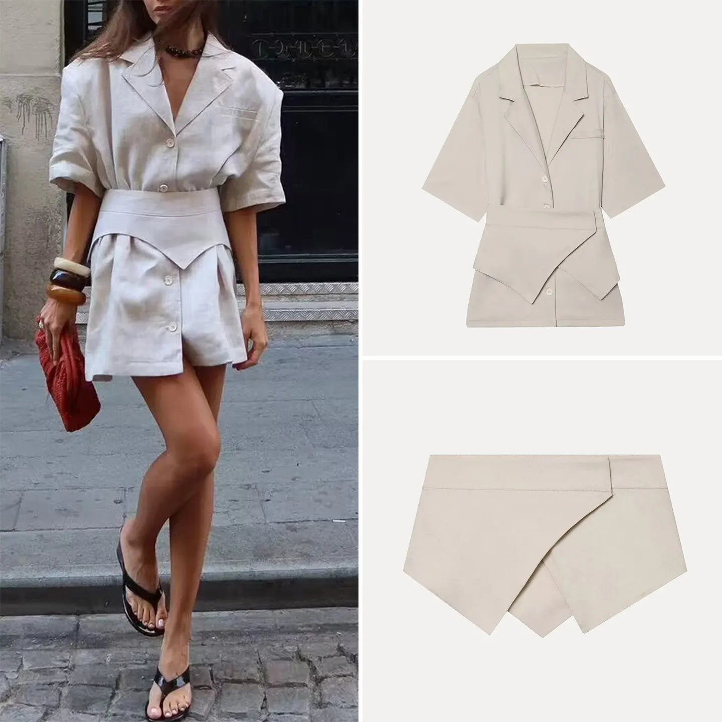 Women's Fashion Spring 2026 High Waist Short Sleeve Collared Two-Piece Set Dress Versatile Short Length Button-Up Casual Wear