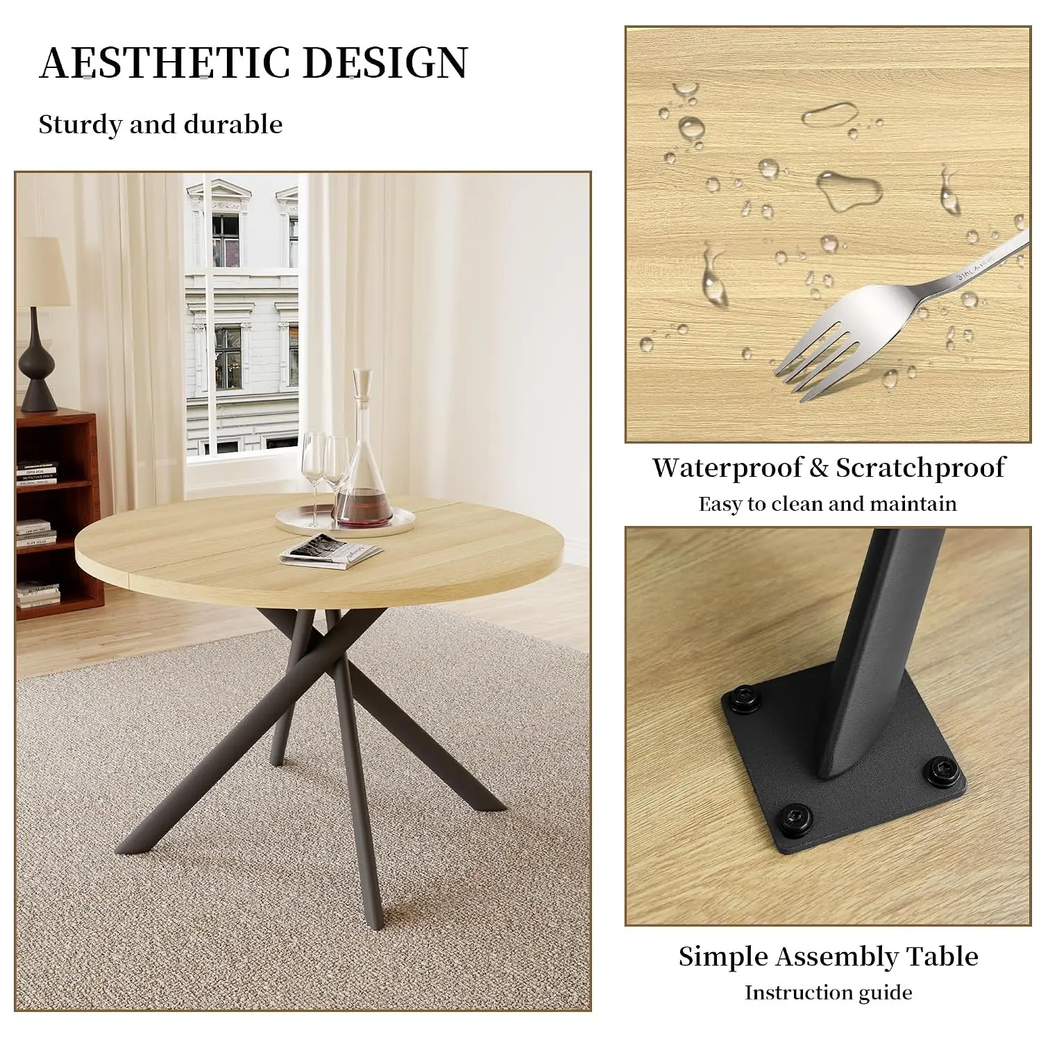 Round Dining Table Set 4 Mid Century Modern Kitchen Coffee Table & 4 U Chairs Apartment Cream Brown, Customized view 5