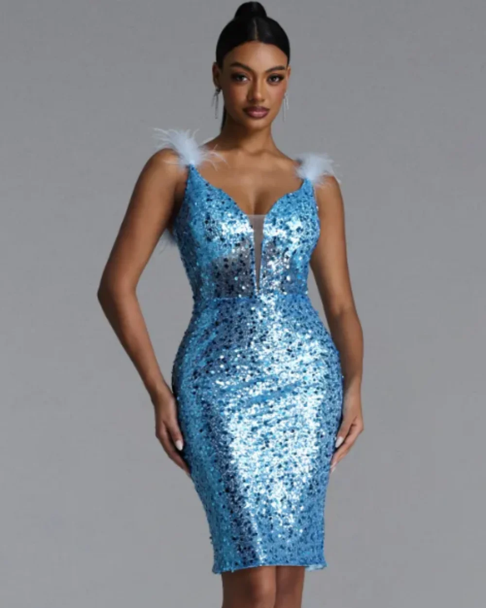 

Customized Fashion Sparkle Women Sequined Feather A-Line Evening Dresses Fashion Spaghetti Strap Sleeveless Knee Length Dresses